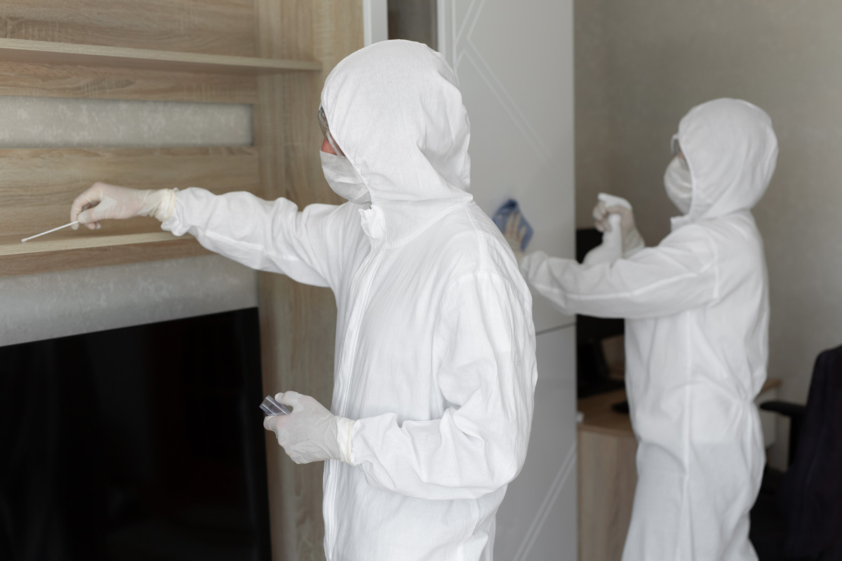 Two cleaners in full gear working on a project
